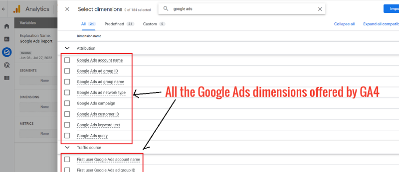 google ads dimensions offered by ga4