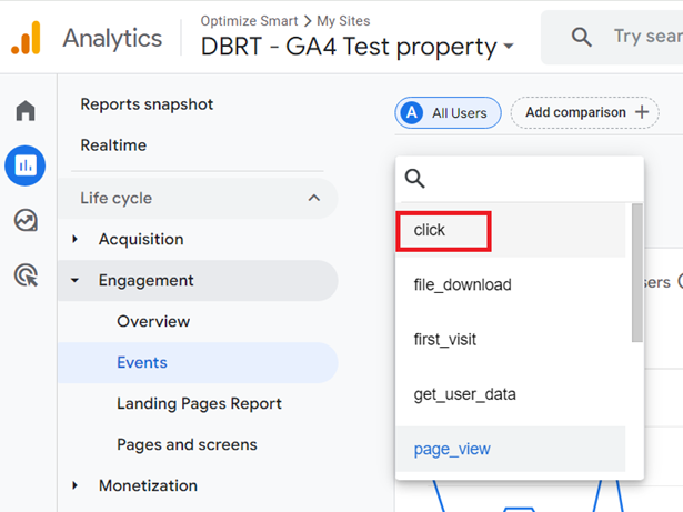 Select the ‘click‘ event from the drop down menu