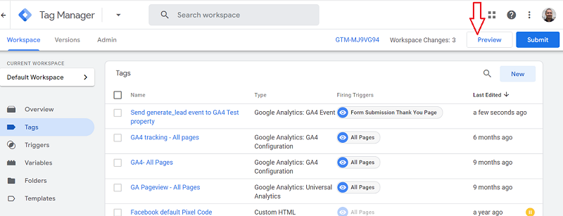 Preview gtm container