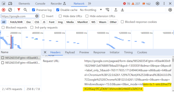 The em parameter contains the hashed user data 1