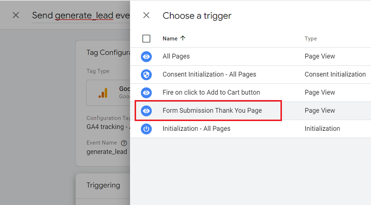 Form Submission Thank you page trigger
