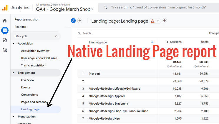 native landing page report