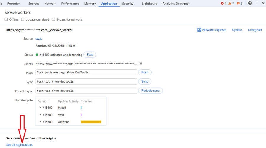 Click on ‘See all registrations link to inspect service workers registrations