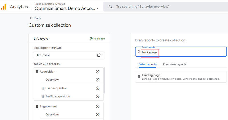 search landing page report ga4