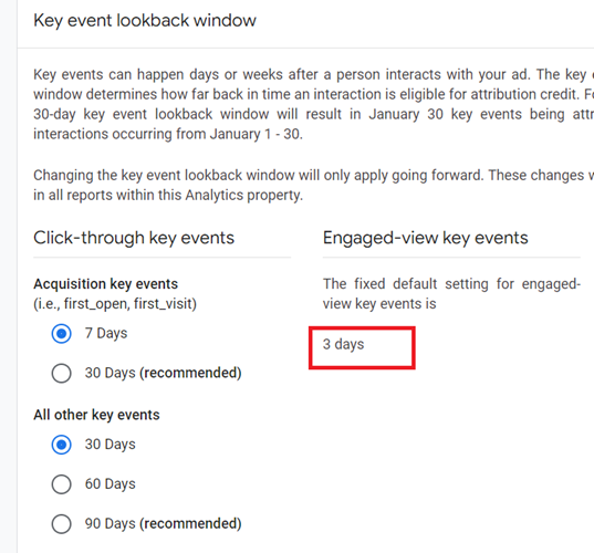 GA4 uses a 3 day Key event lookback window for ‘Engaged view key events‘