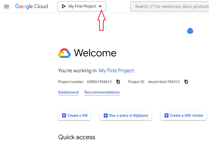 Click on the ‘My First Project drop down menu