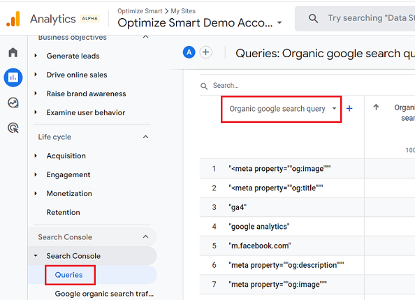 Organic google search query ga4