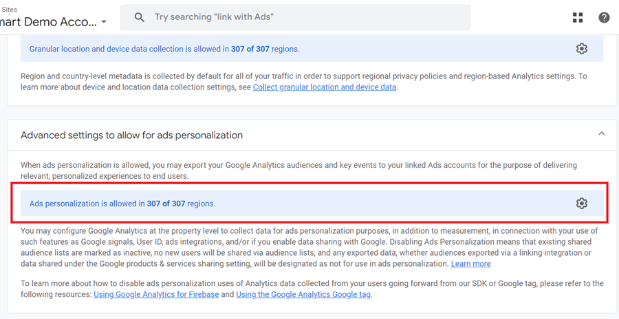 Ensure you havent excluded geographic regions from ads personalisation