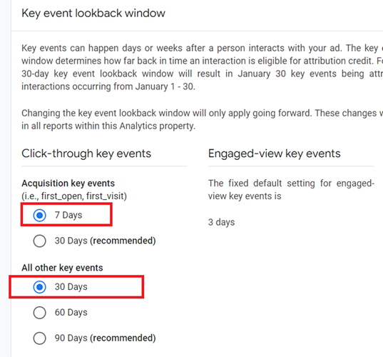 set your conversion window to 7 days for Acquisition key events and 30 days for all other key events
