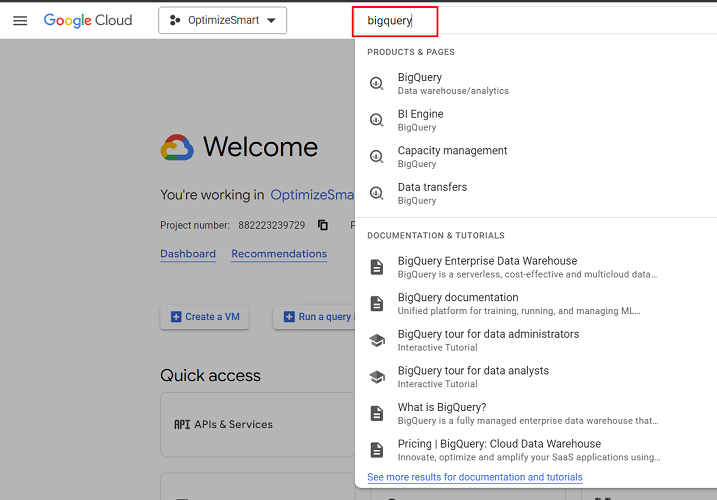 Type ‘bigquery in the search box 2