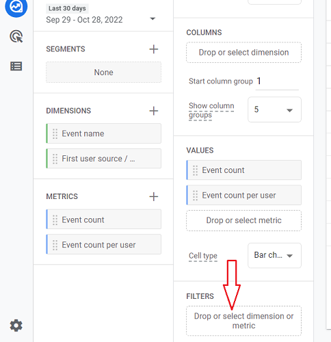 drop or select dimension or metric