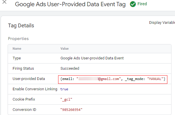 Click on the tag to see which values were passed to the tag