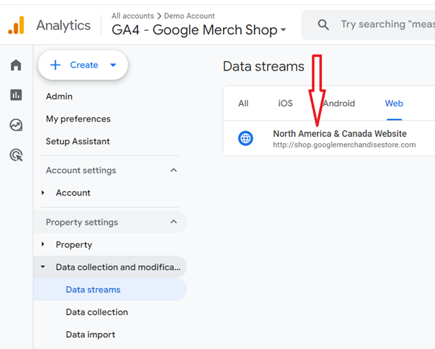 click on web data stream ga4