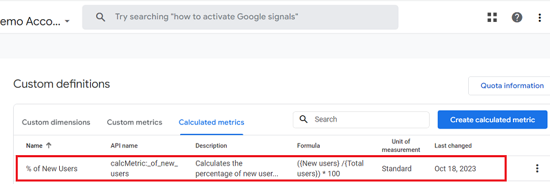see the new calculated metric listed in the data table