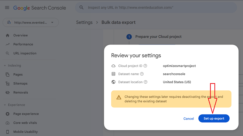Set up export search console