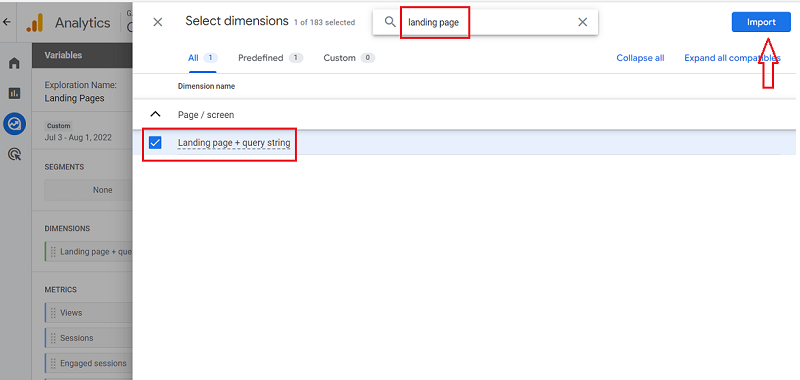 select landing page dimension ga4