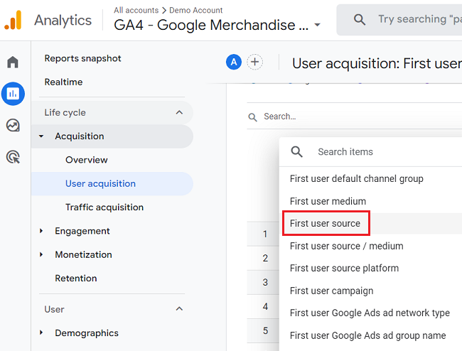 first user source ga4