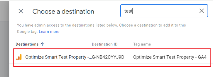 Choose a destination to add to your Google tag