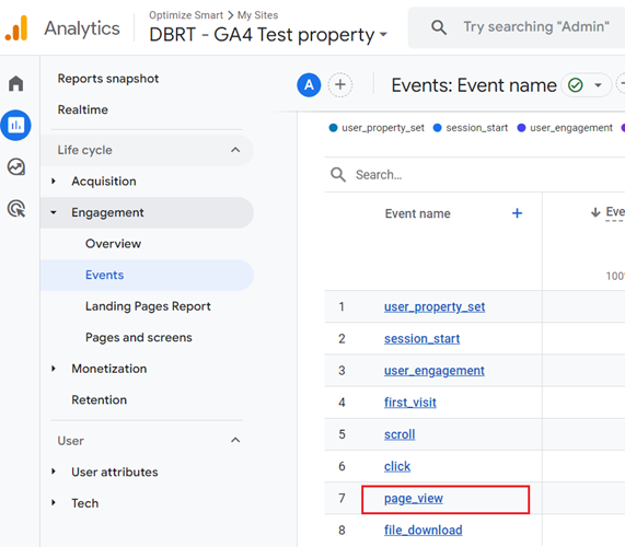 Find and click on the ‘page view‘ event