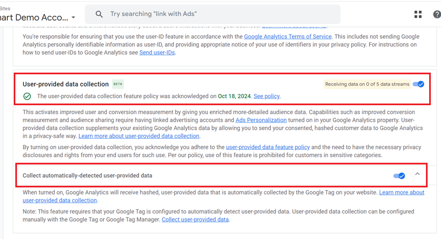 Make sure that ‘User provided data collection is turned on