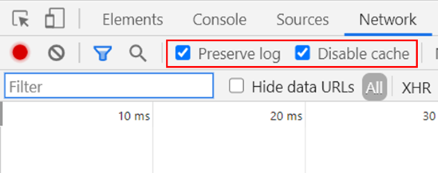 click on the checkbox Preserve log and Disble cache