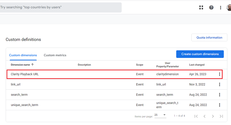 clarity playback url custom dimension ga4