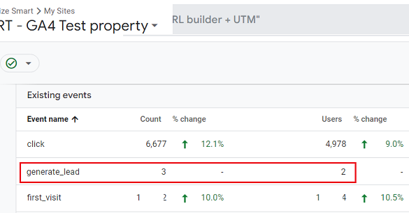 see the ‘generate lead event listed under ‘Existing events