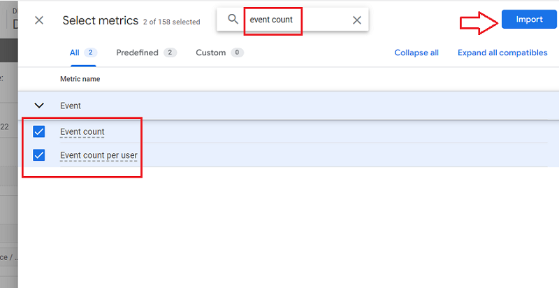 Search and select the following metrics one by one
