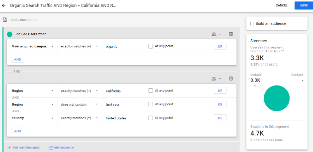 exploration report segment from selection