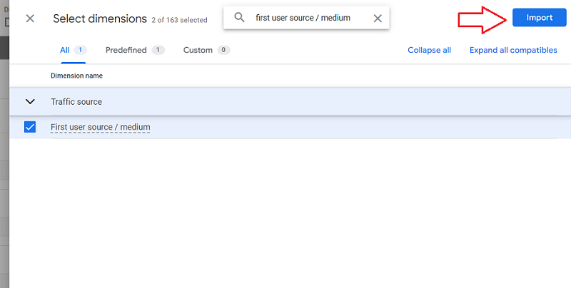 import all the selected dimensions to the report