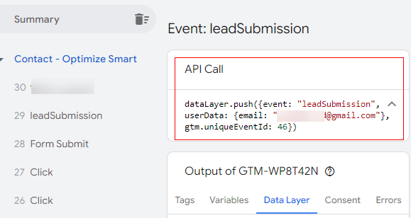 The data layer should also be updated with the users email information upon form submission