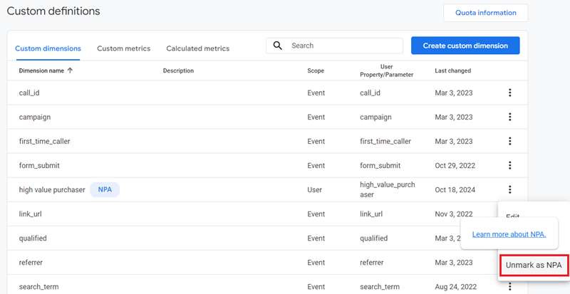 To reinclude a dimension click on the three dots next to it and select Unmark as NPA