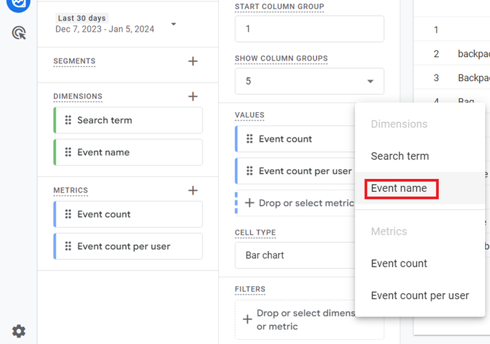 Click on the ‘Event Name dimension