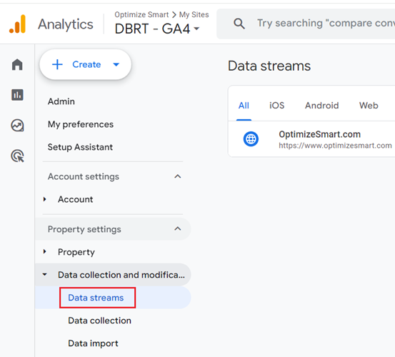 Click on ‘data streams‘ under ‘Data collection and modification‘