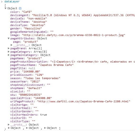data layer looks like in the Google Developers Tools console tab