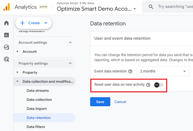 turn off the ‘Reset user data on new activity