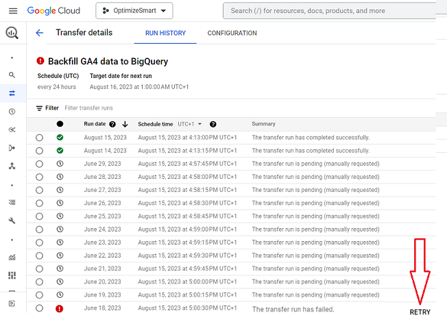 If a transfer run has failed then click on the ‘RETRY button