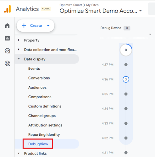 Click on the DebugView link under Data Display