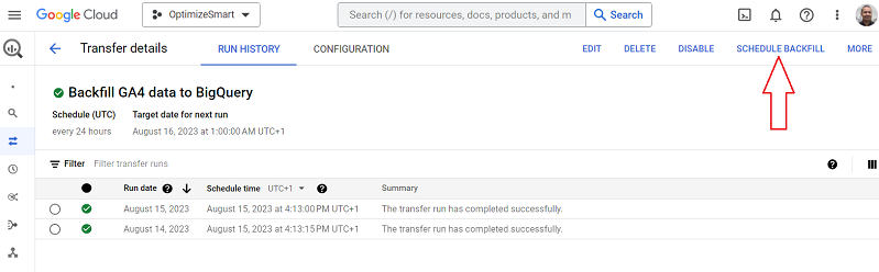 SCHEDULE BACKFILL‘ button