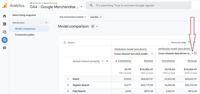 comparison attribution model ga4