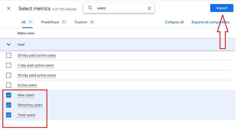 add metrics ga4 new returning total users