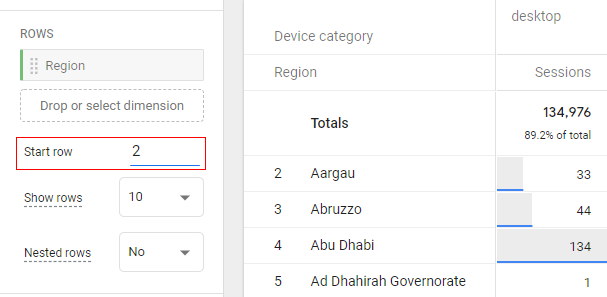 exploration report start row