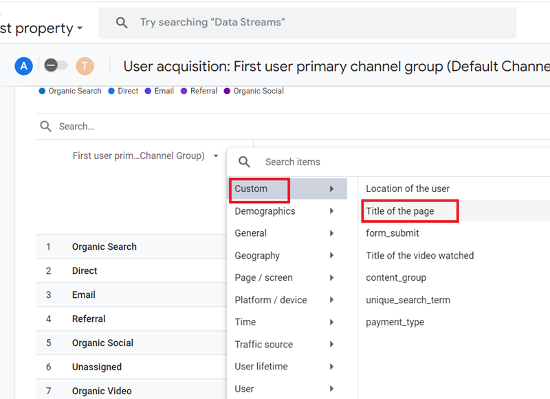 Click on ‘Custom‘ from the drop down menu and then click on the ‘Title of the page