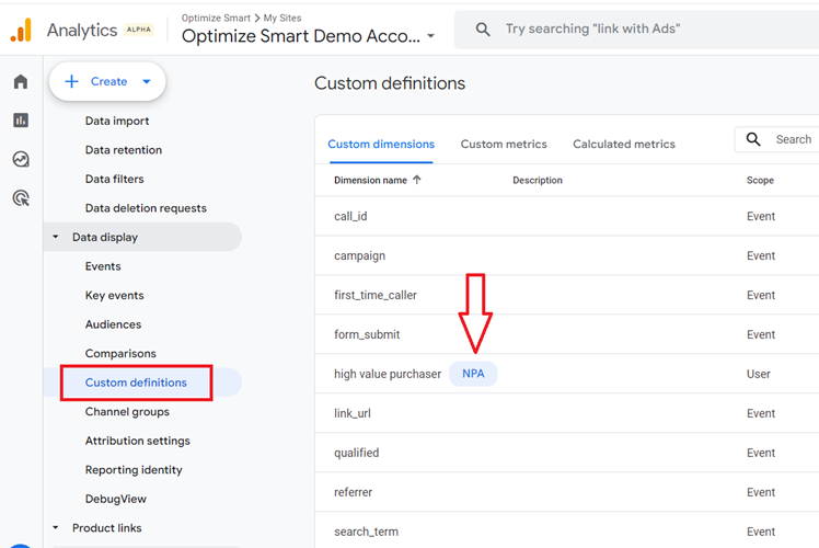 Look for user scoped custom dimensions marked as NPA