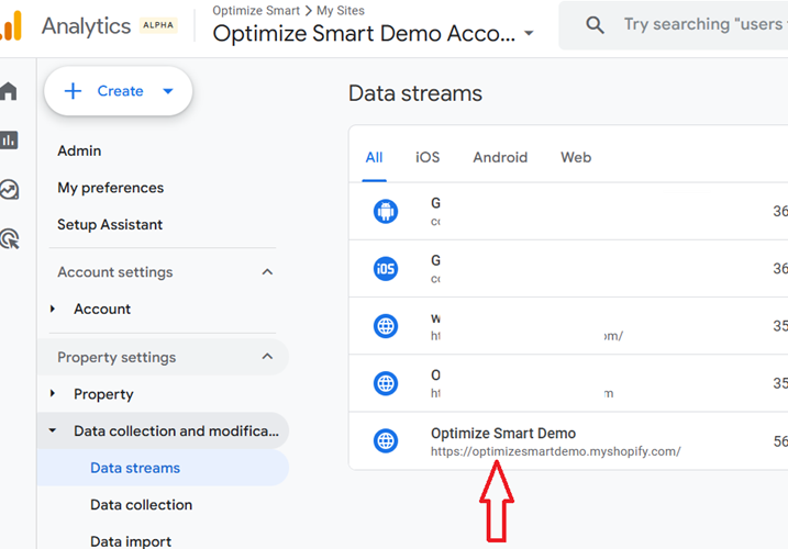 click on ga4 data streams