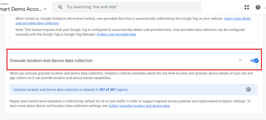 Make sure that ‘Granular location and device data collection is enabled