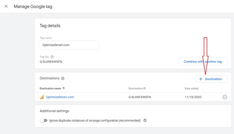 add a new destination to your Google tag