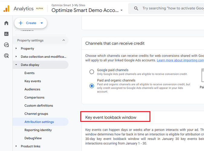 Key event lookback window ga4