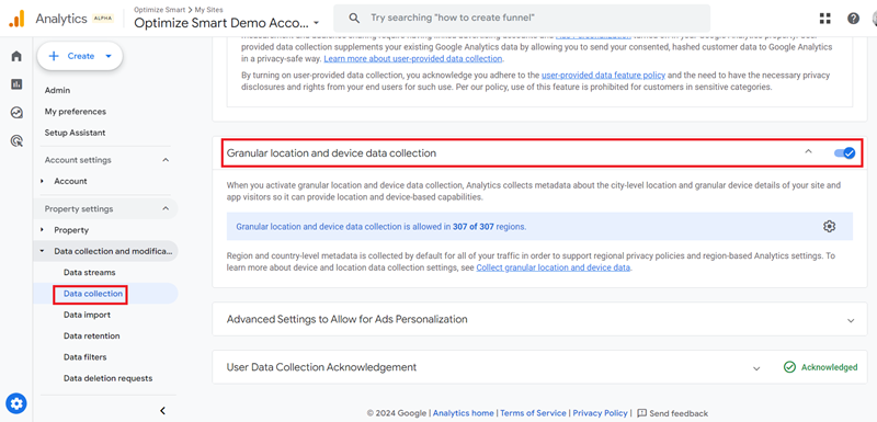 granular location and device data collection settings ga4