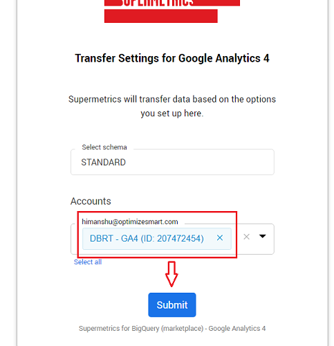 Select your GA4 property from the drop down menu